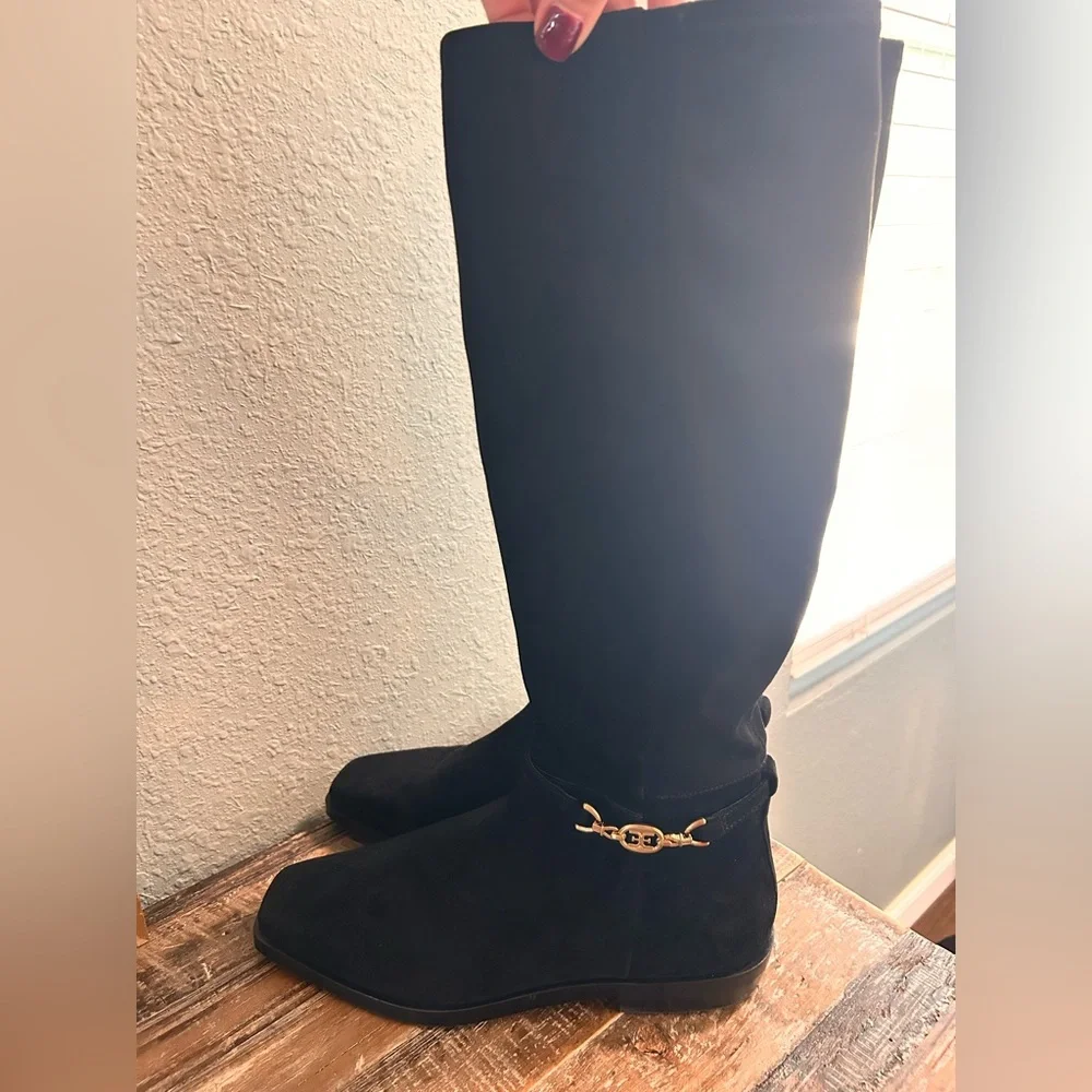 Sam Edelman Women's Clive Gold Buckled Black Velvet Riding‎ Boots Size 8.5